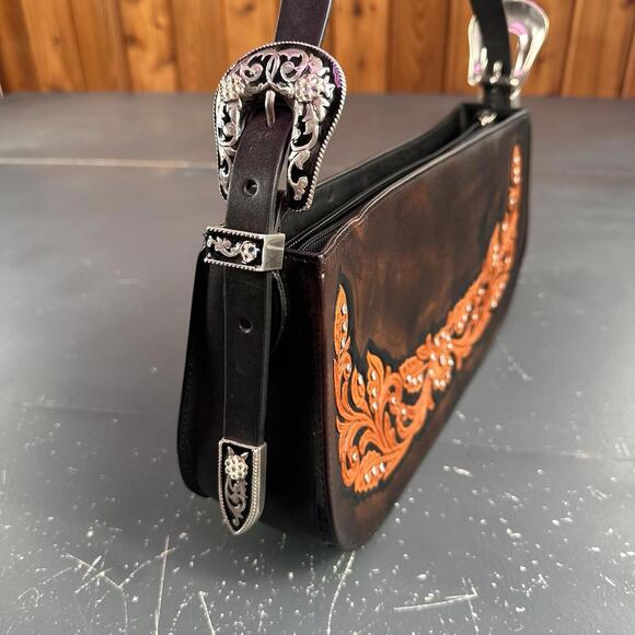 VTG Nocona Leather Purse Brown Black Orange Hand Tooled Floral 13x3x7 NWT - Picture 5 of 9